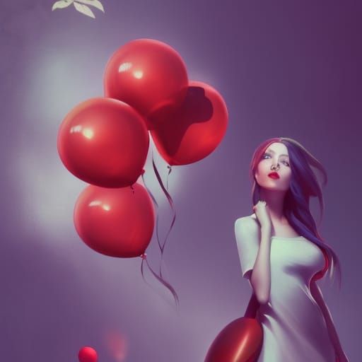 Girl with Red Balloons in Art Nouveau Style