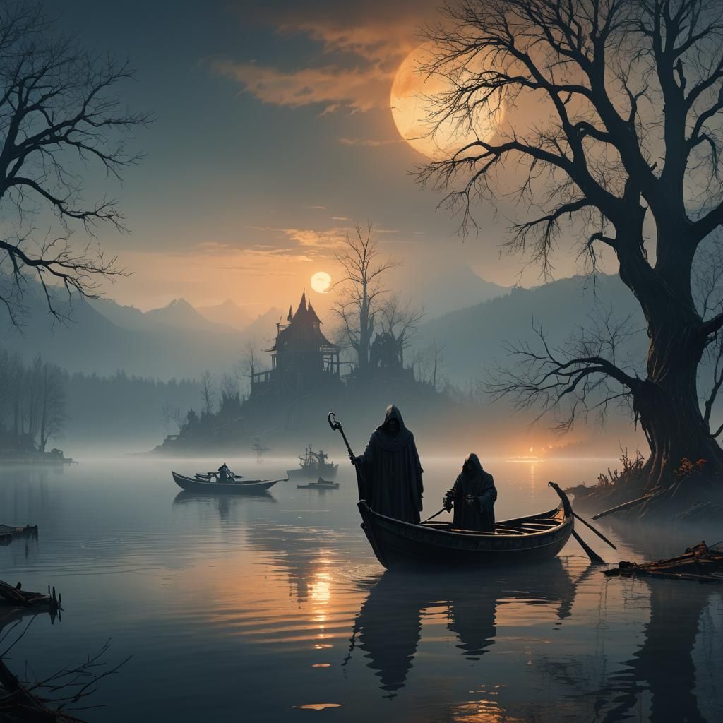 Grim Reaper on Misty Lake: Dark Fantasy Art