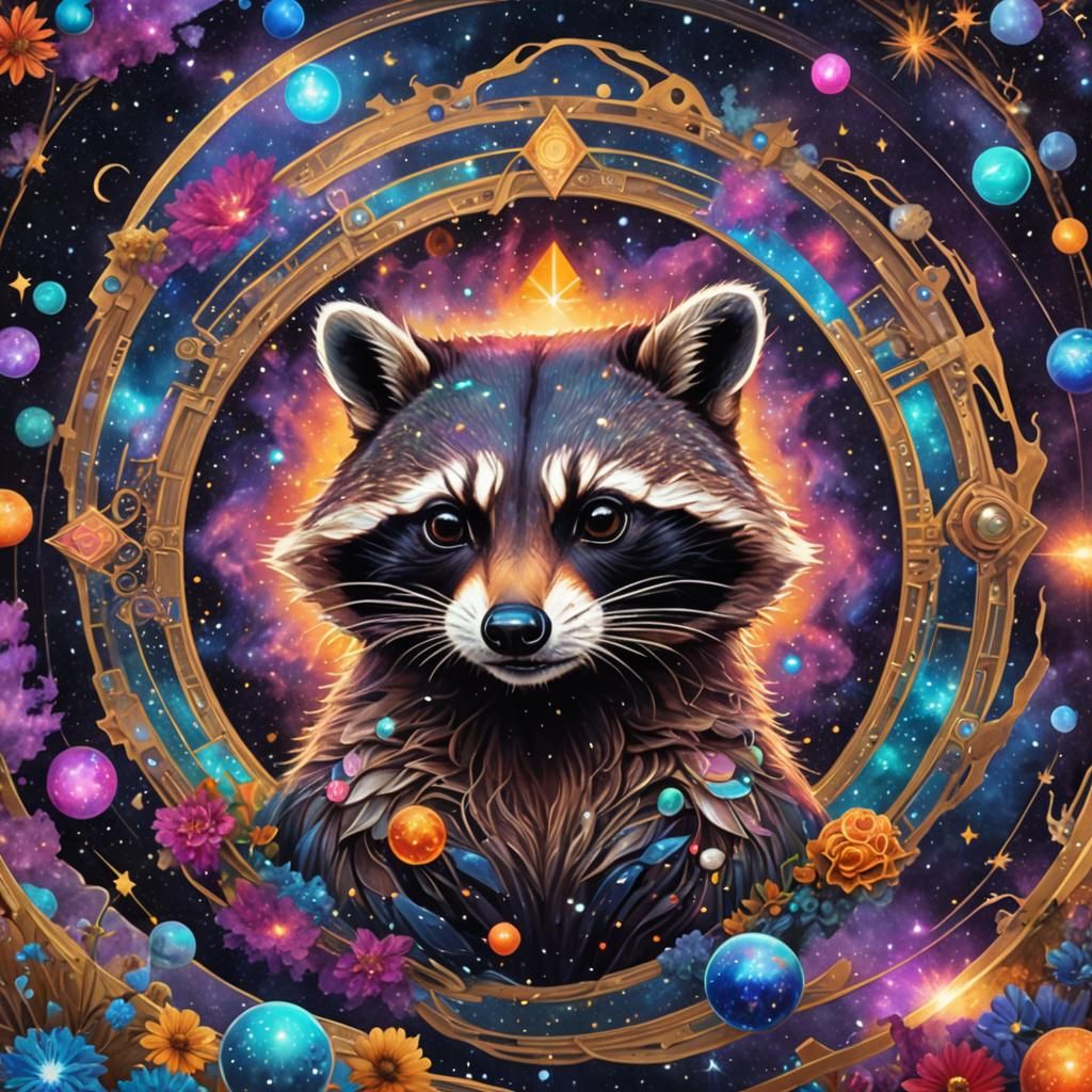 Raccoon in Holographic Cosmic Galaxy, Astral Illustration