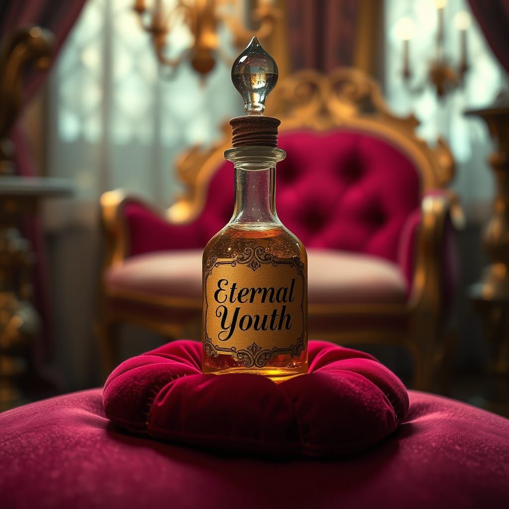 Ethereal Vial of Golden Elixir in Lavish Boudoir