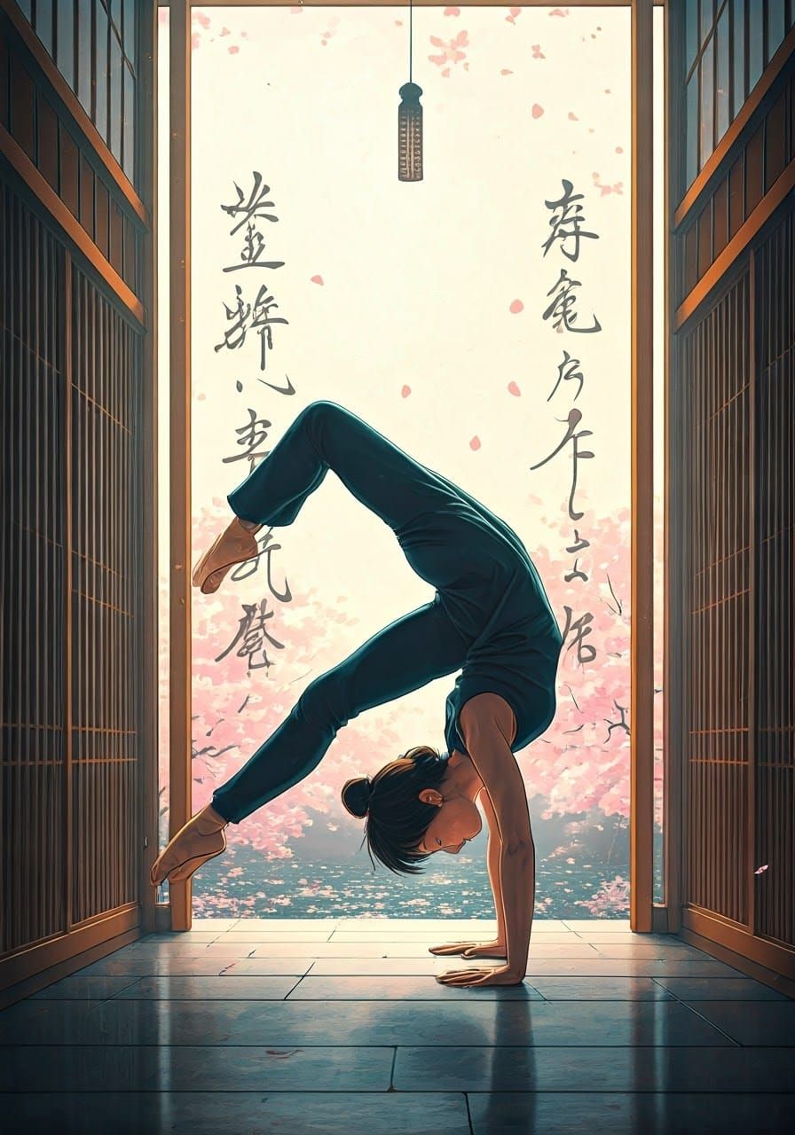 Woman in Handstand with Japanese Calligraphy Art