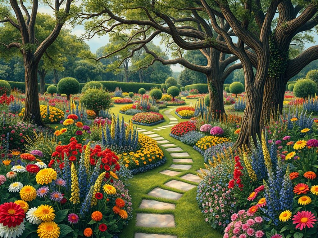 Vibrant French Countryside Garden Scene in Impressionist Sty...