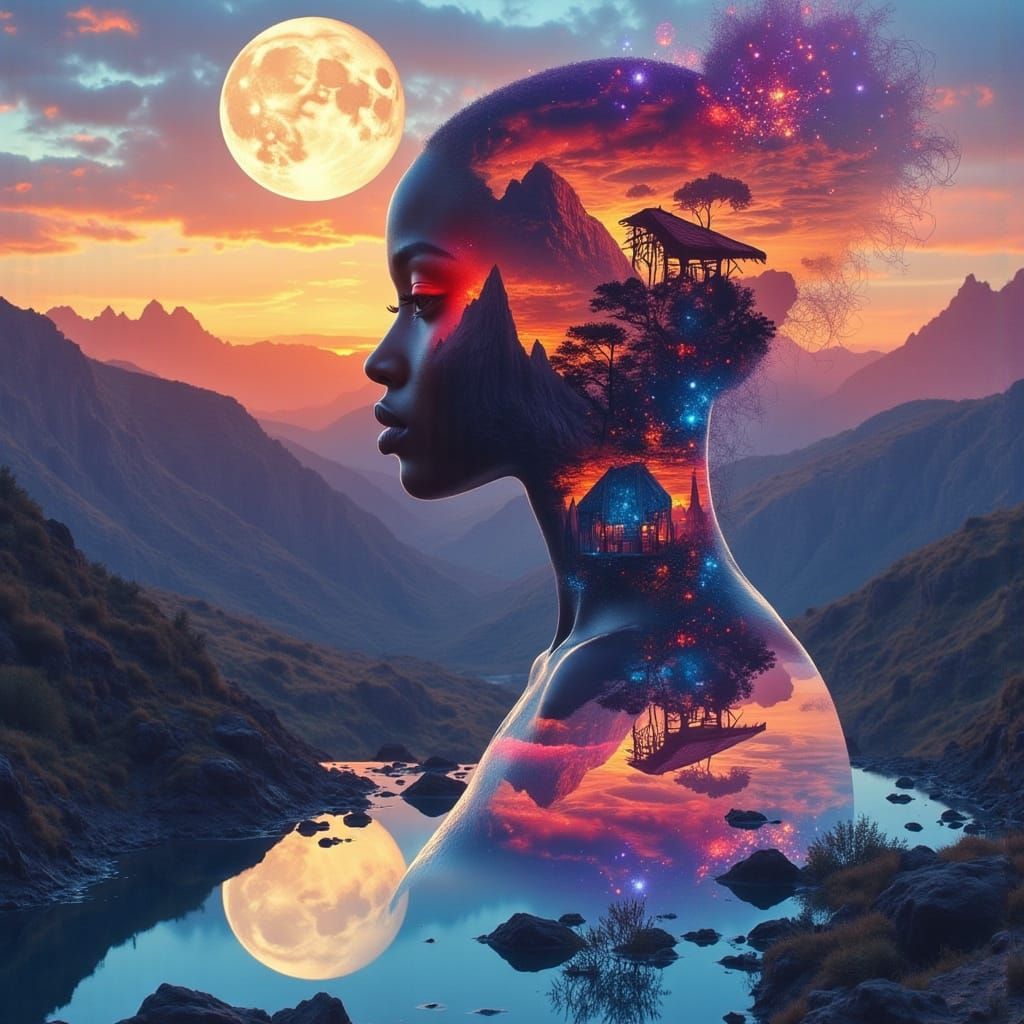 Double Exposure Portrait of an African Woman on a Fantastica...