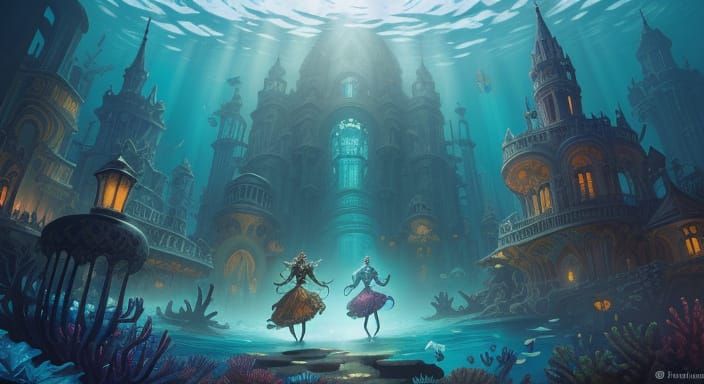 Mysterious Underwater City with Bioluminescent Coral, Fantas...