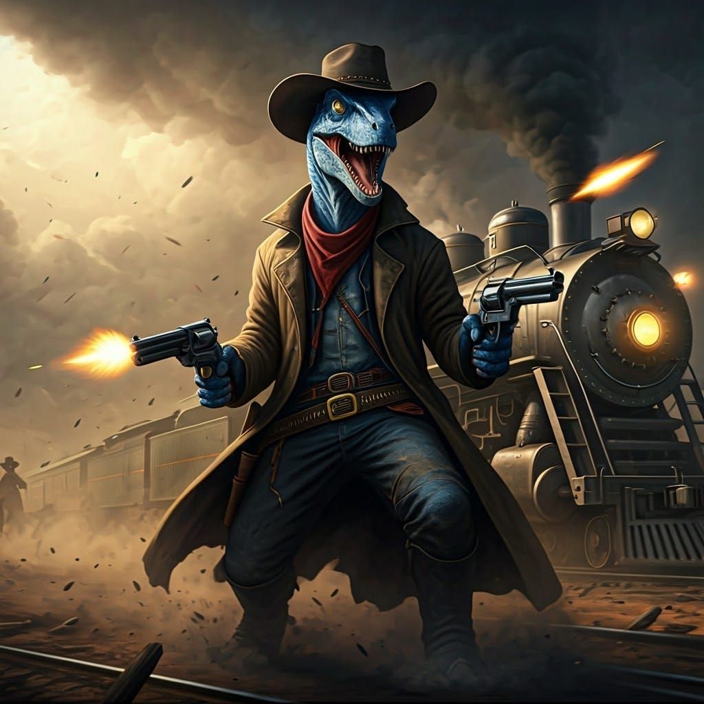 Cyberpunk Velociraptor Cowboy Defends Steam Train
