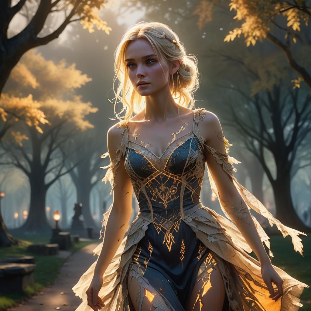 Fantasy Girl in Evening Park, Detailed Pencil Drawing