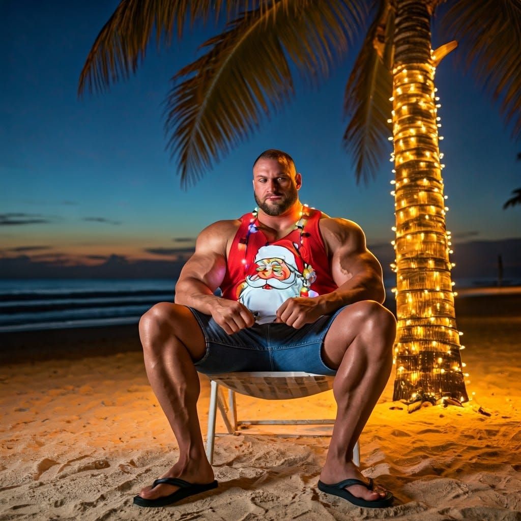Hyper-Muscular Bodybuilder in Tropical Beach Scene