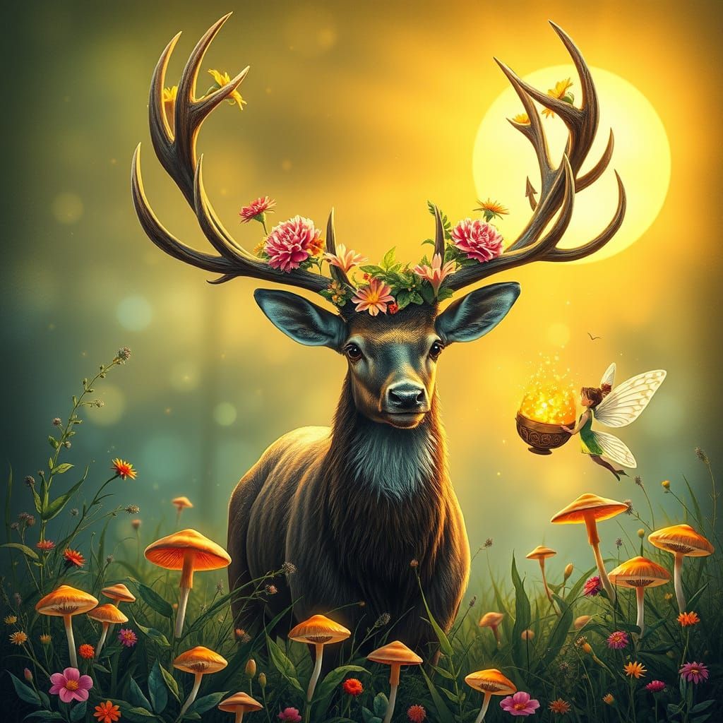 Stag with Wildflower Antlers and Fairy Chalice