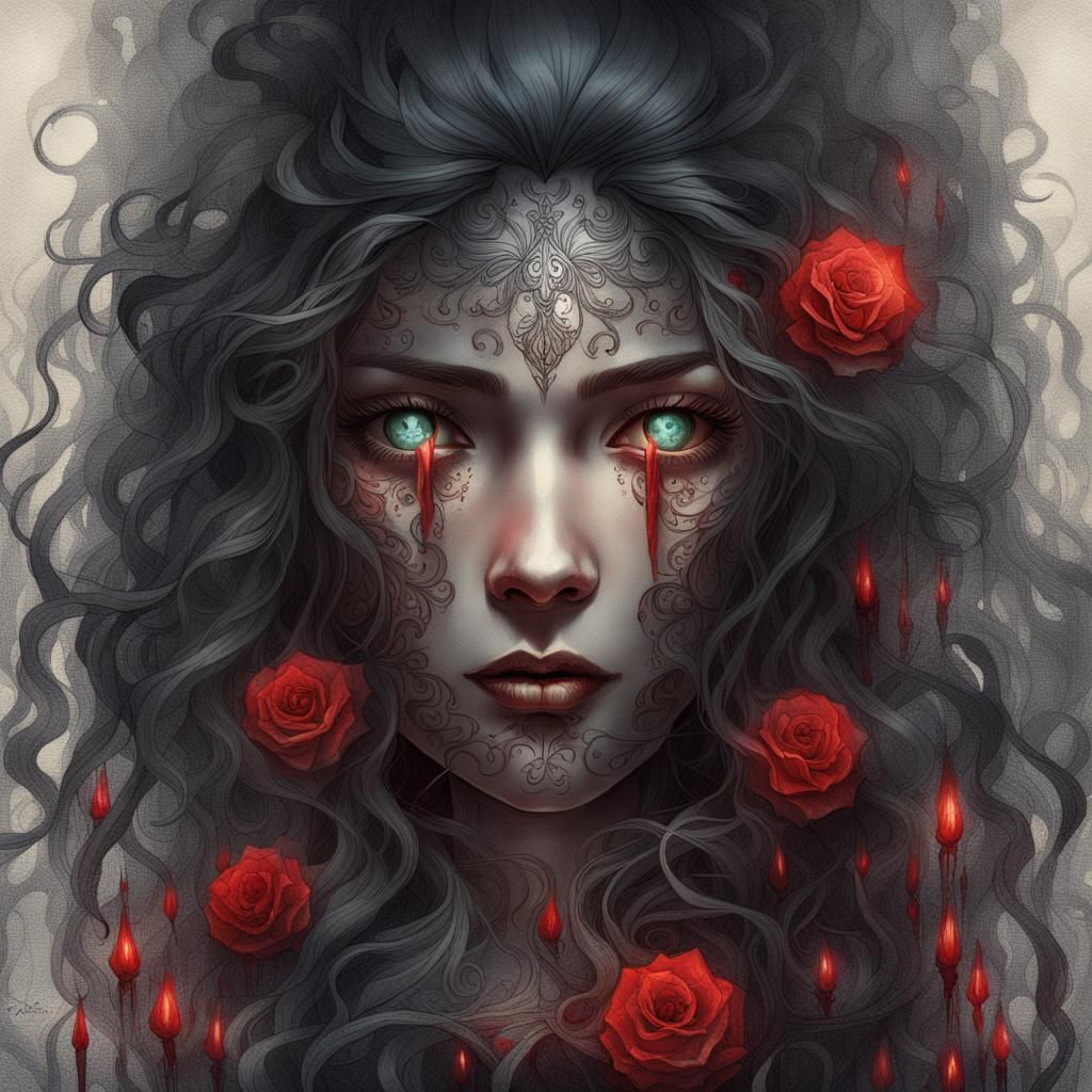 Girl with Tears of Blood: Dark Fantasy Portrait
