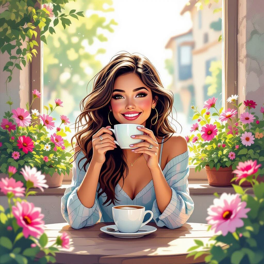 Woman Enjoys Coffee Amidst Flowers, Whimsical Watercolor Sty...