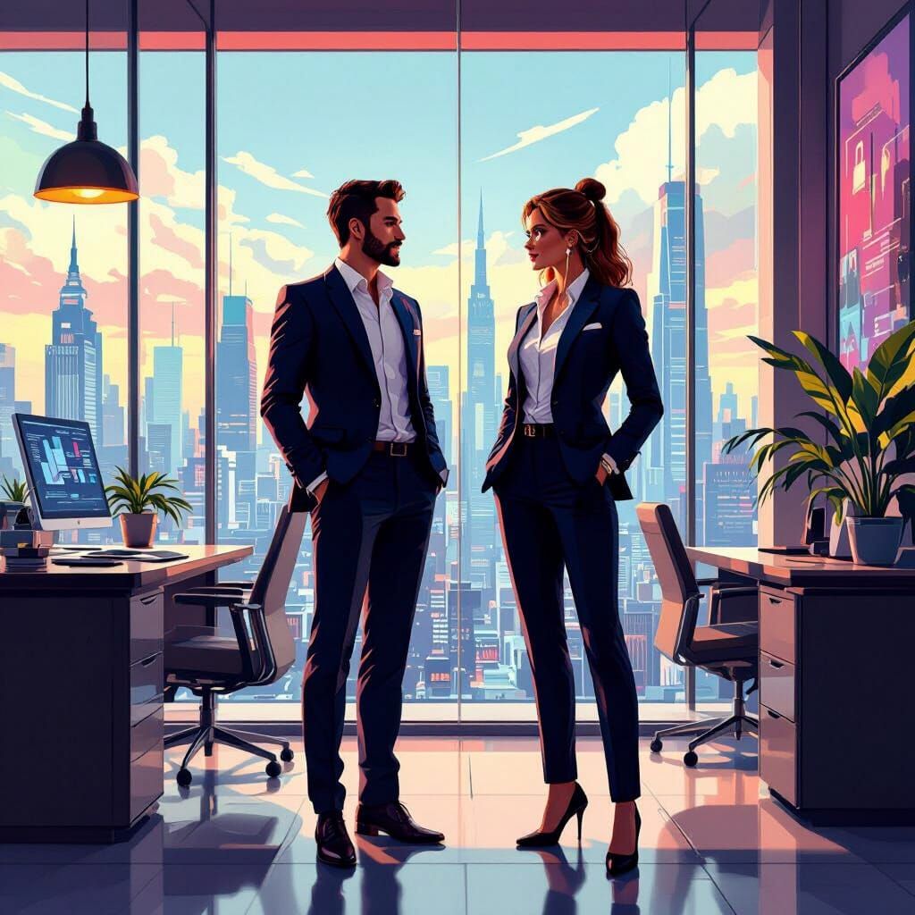 Sales Agents in Modern Office as Stylized Realism