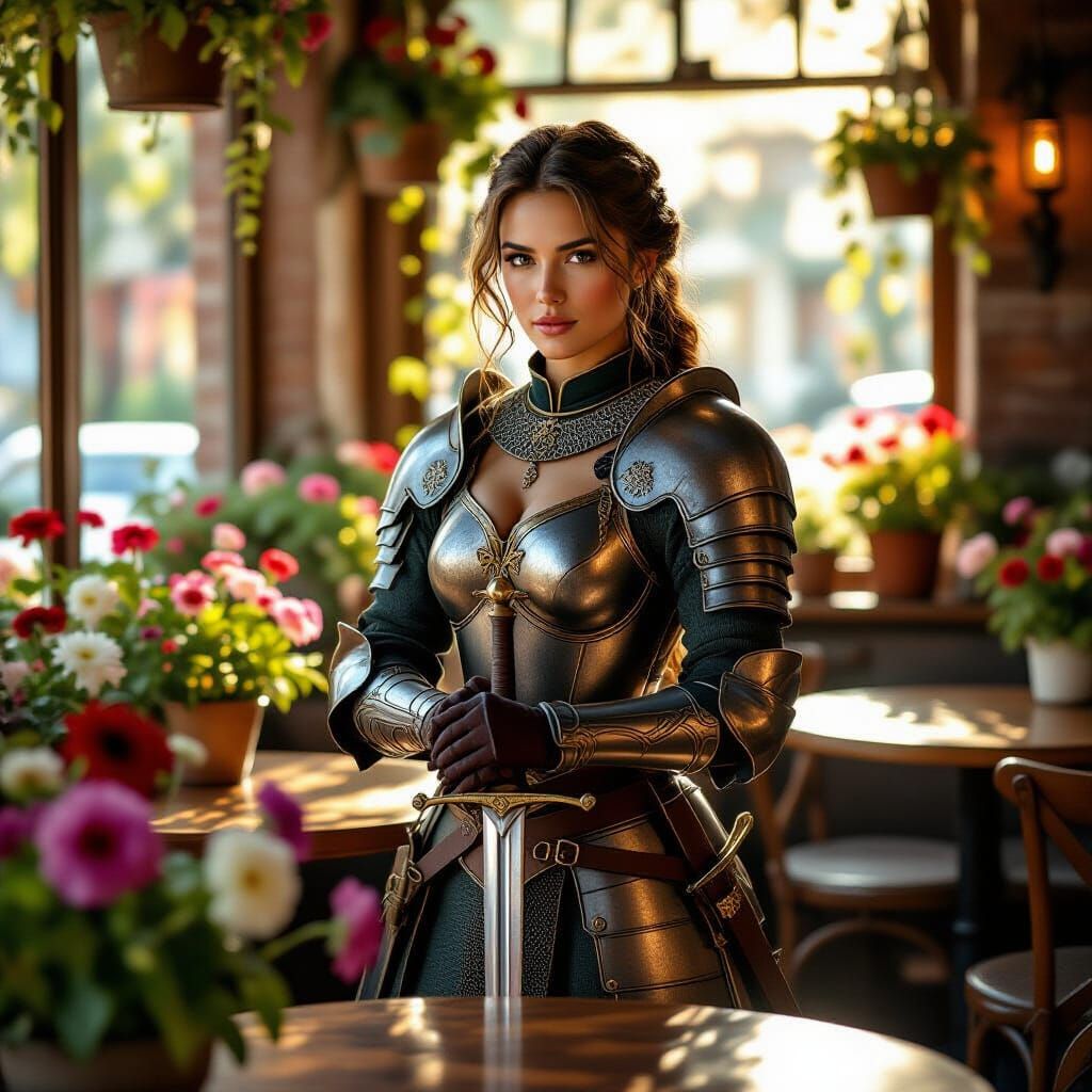 Medieval Warrior Woman in Flower Garden Cafe