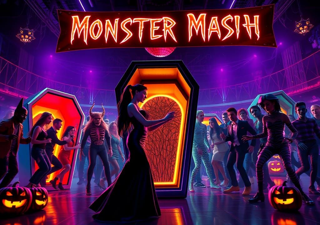Monster Prom: Vampires Dancing in Neon-Lit Gym