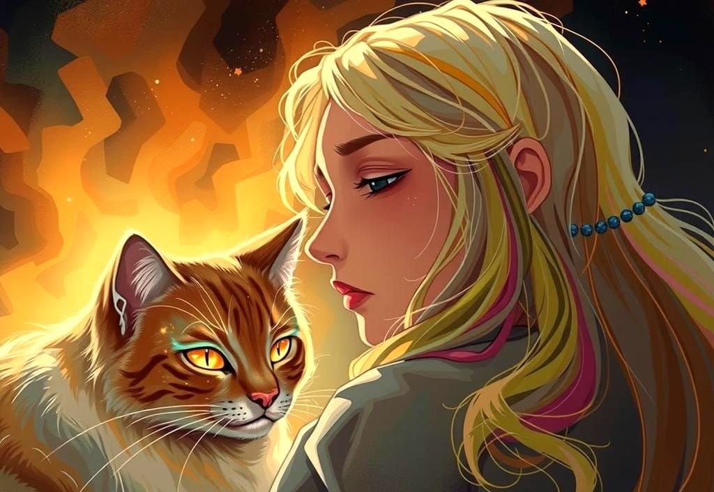 Celestial Cat Comforts Mourning Human