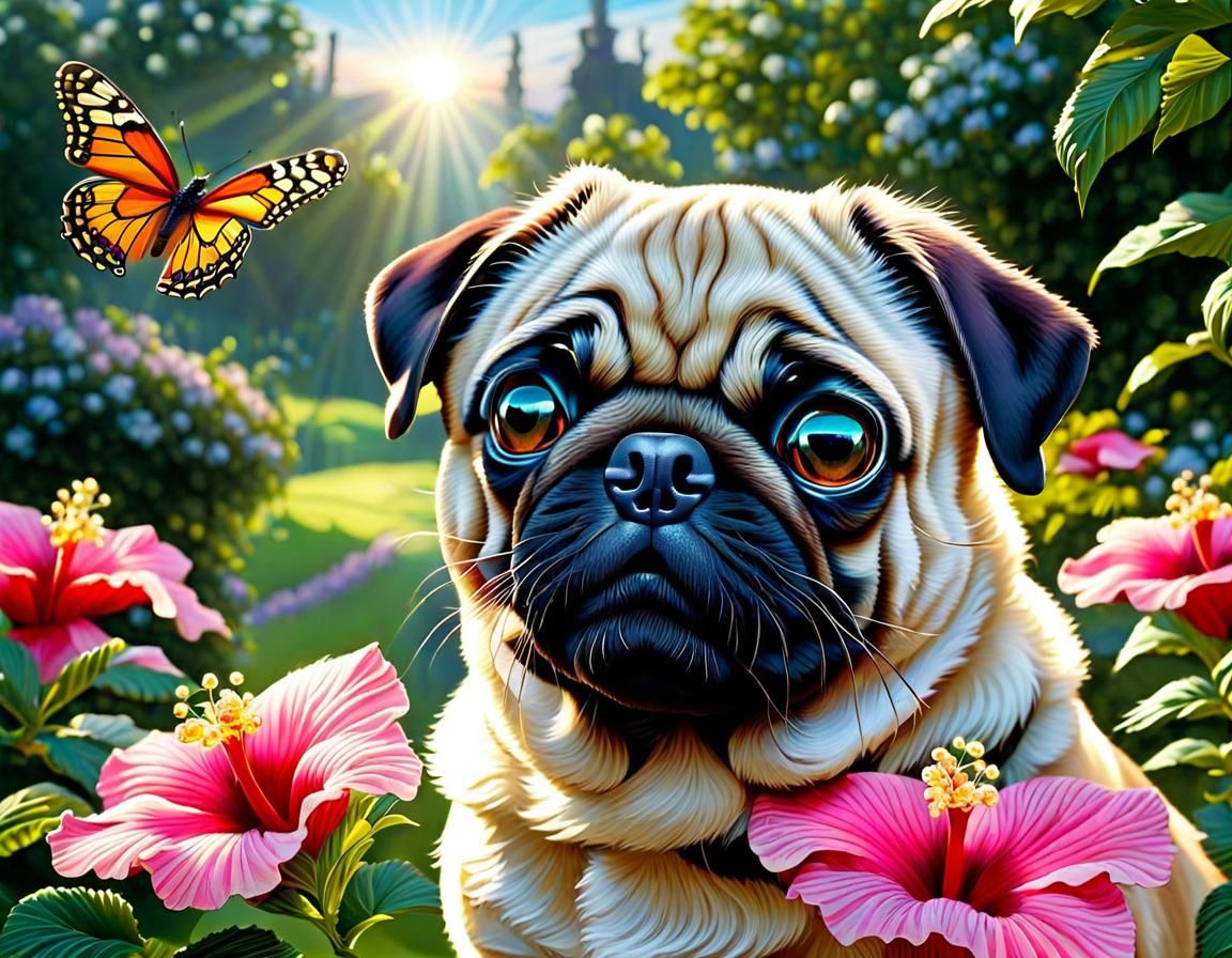 Pug Dog in Ethereal Garden with Butterflies