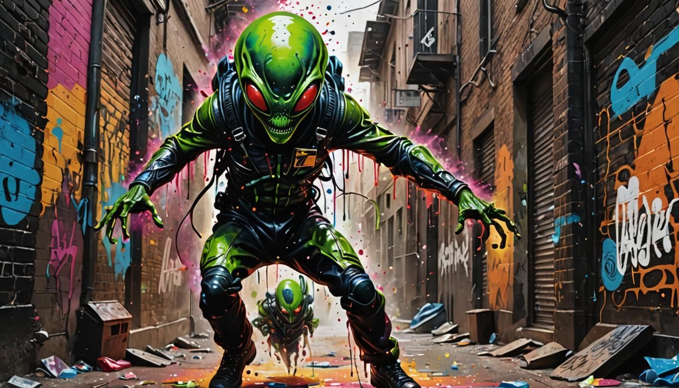 Alien Unzipping Human Costume: Graffiti Street Art