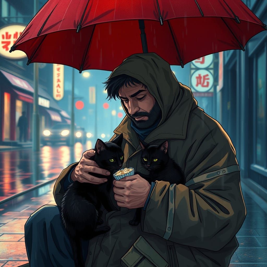 Emotional Resilience in the Rain: Compassionate Homeless Man...