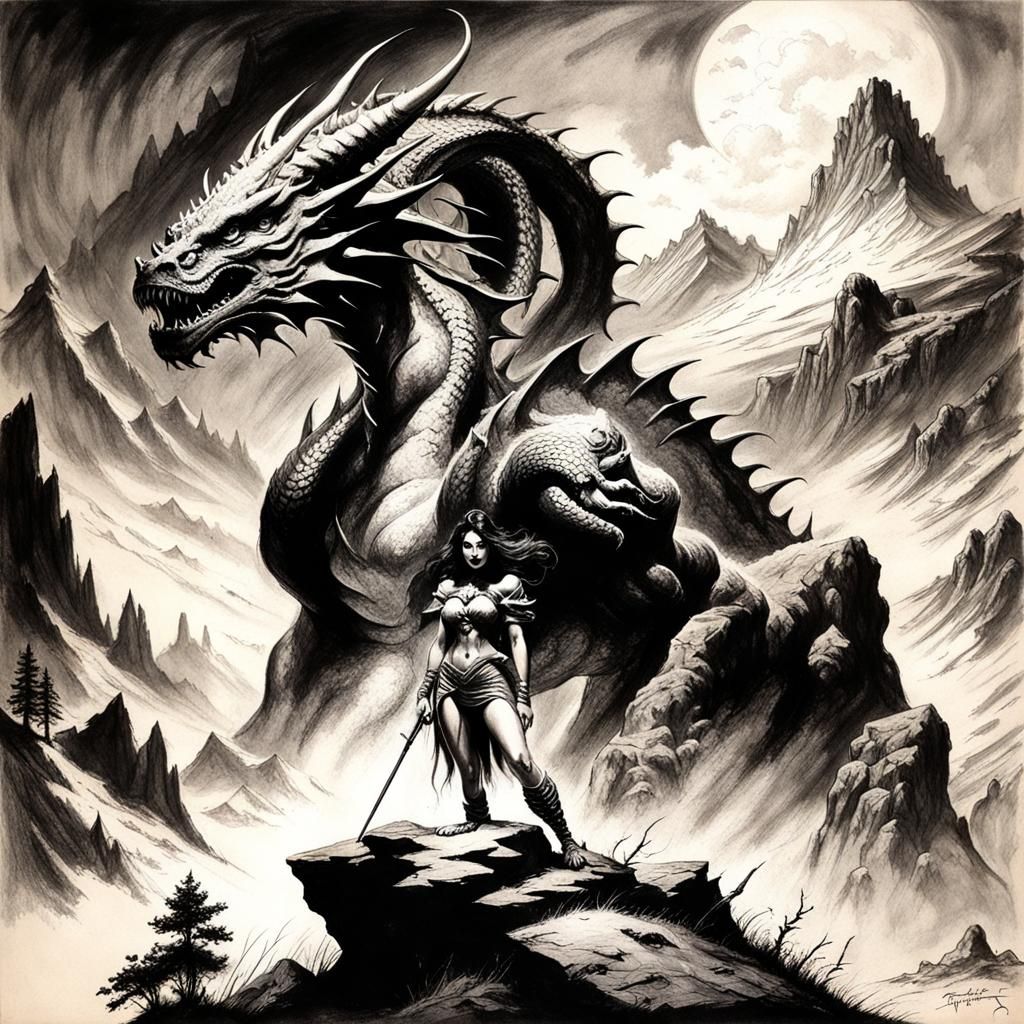 Fantasy Girl and Dragon in Charcoal Style