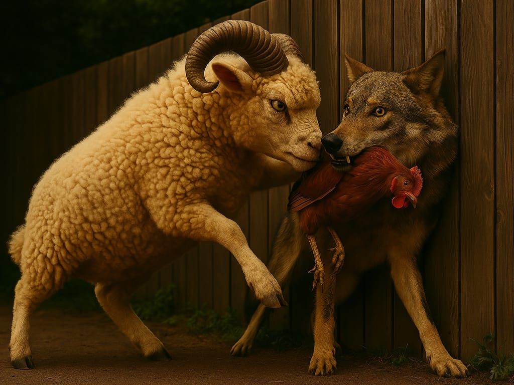 Intense Lamb Confronts Terrified Wolf in Rural Standoff