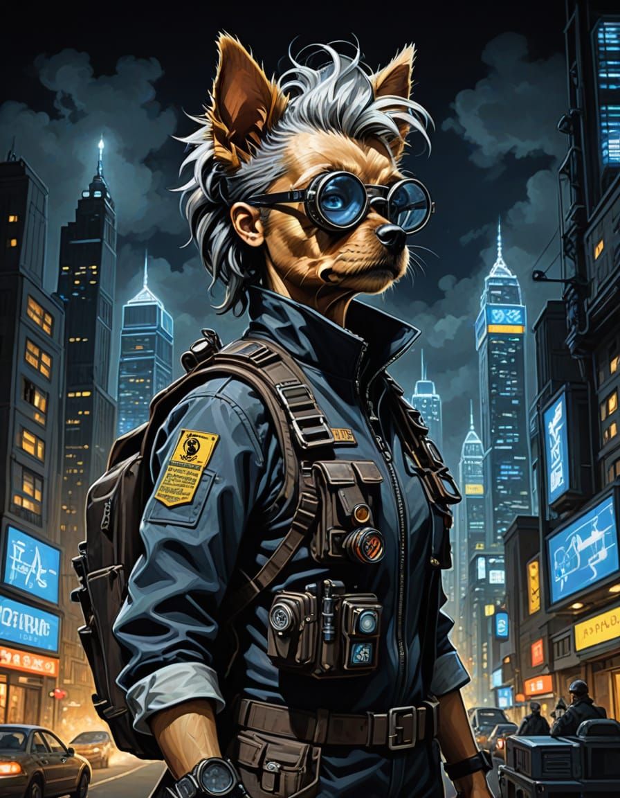 Gothic Detective in Cyberpunk Cityscape