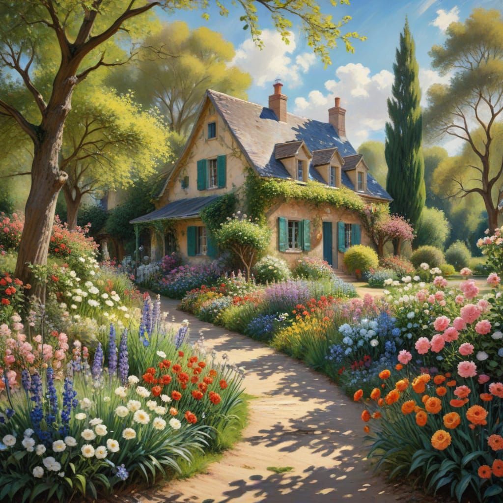 Serene Spring Village in Soft Impressionist Brushstrokes