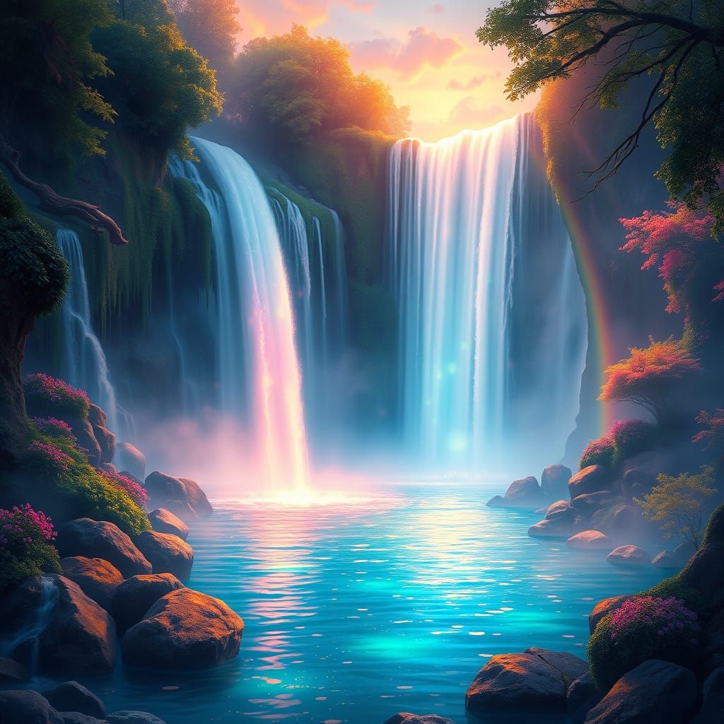 Ethereal Waterfall Scene in Dreamlike, Surrealistic Style