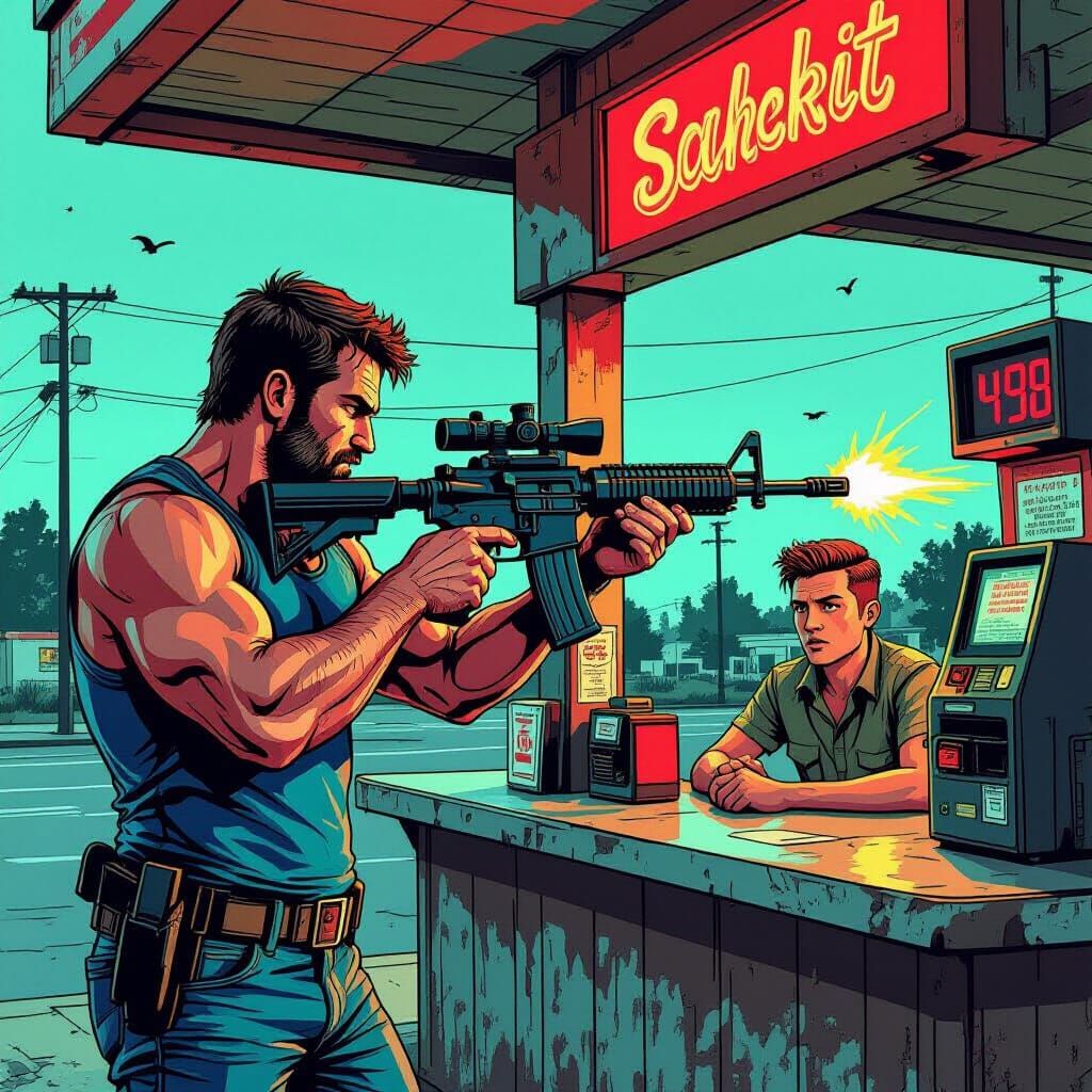 Man with AR-15 in Gas Station, Gritty Realism