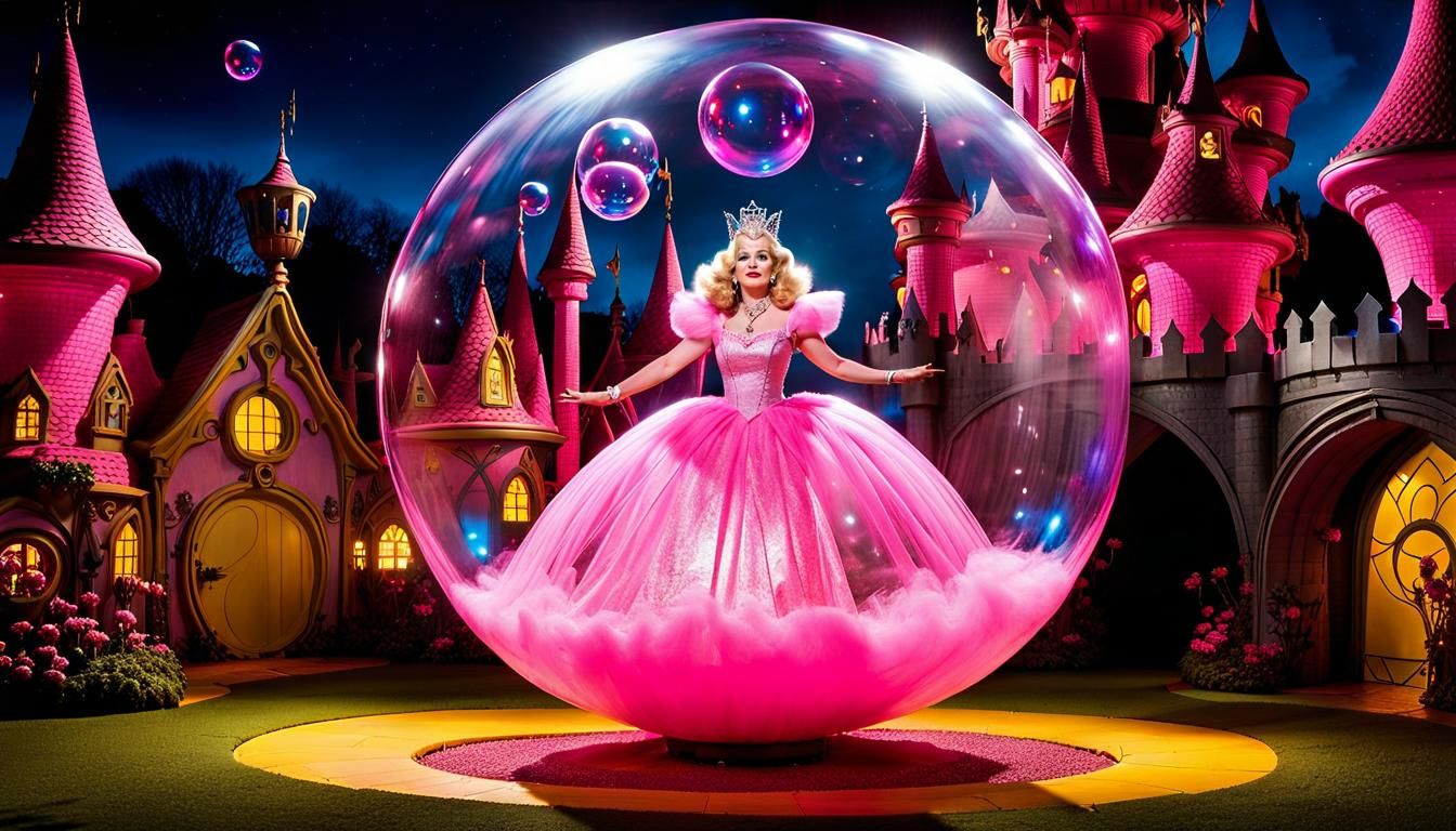 Aged Glinda in Bubble Above Dim Munchkinland