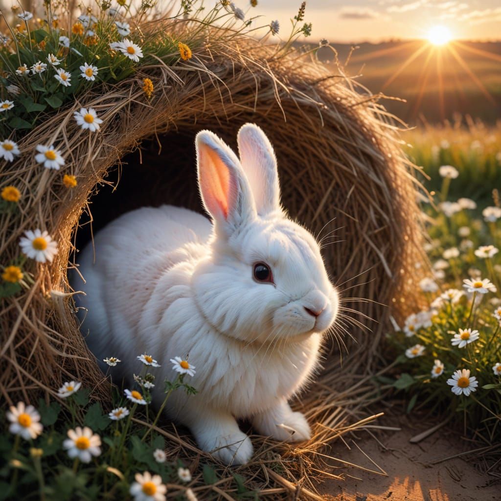 Cozy Bunny Burrow at Sunrise: Photo in Klimt Style