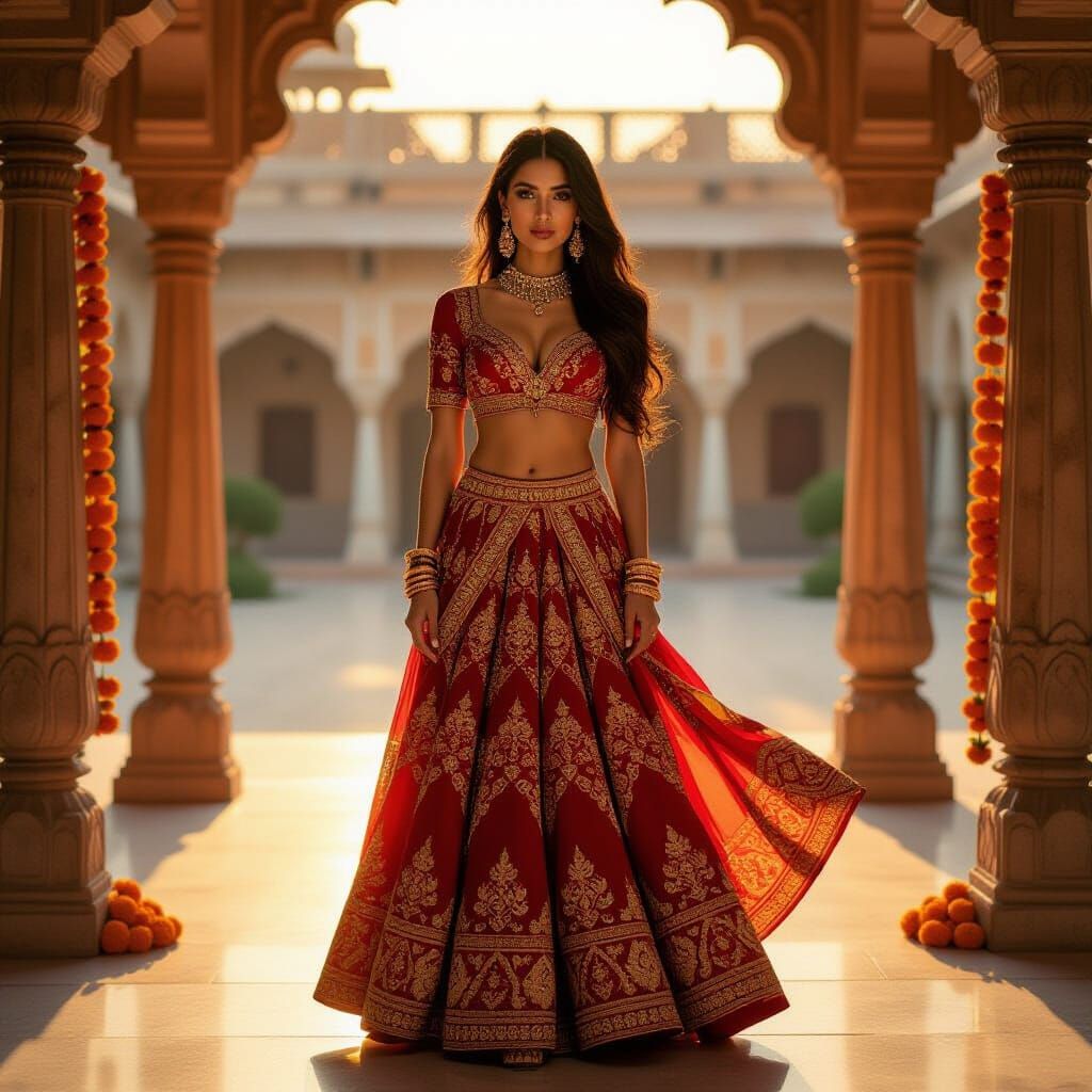 Woman in Sunset Palace Courtyard, Digital Art