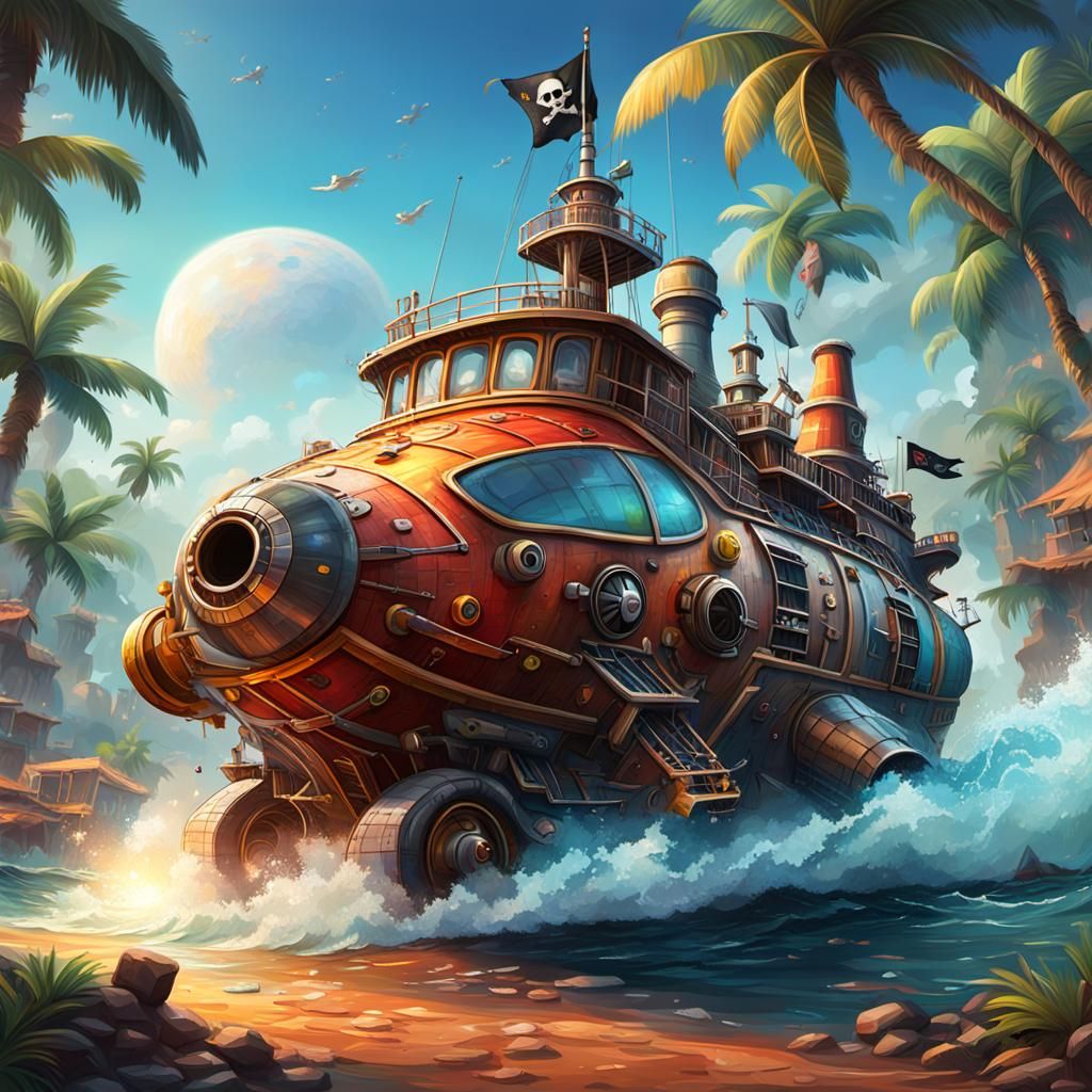 Hyperrealistic Pirate Rocket Car Ship Concept Art