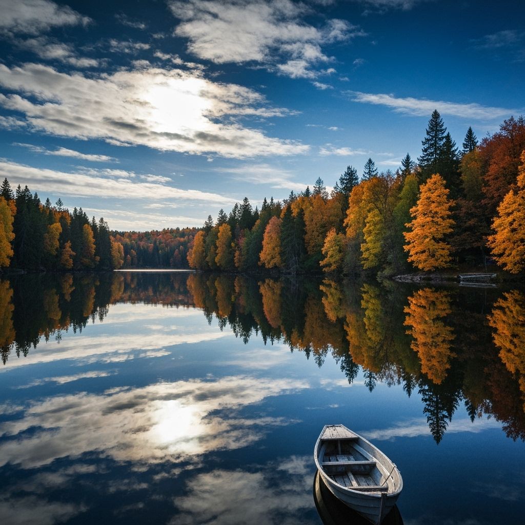 Autumn Forest Reflection on Lake with Boat