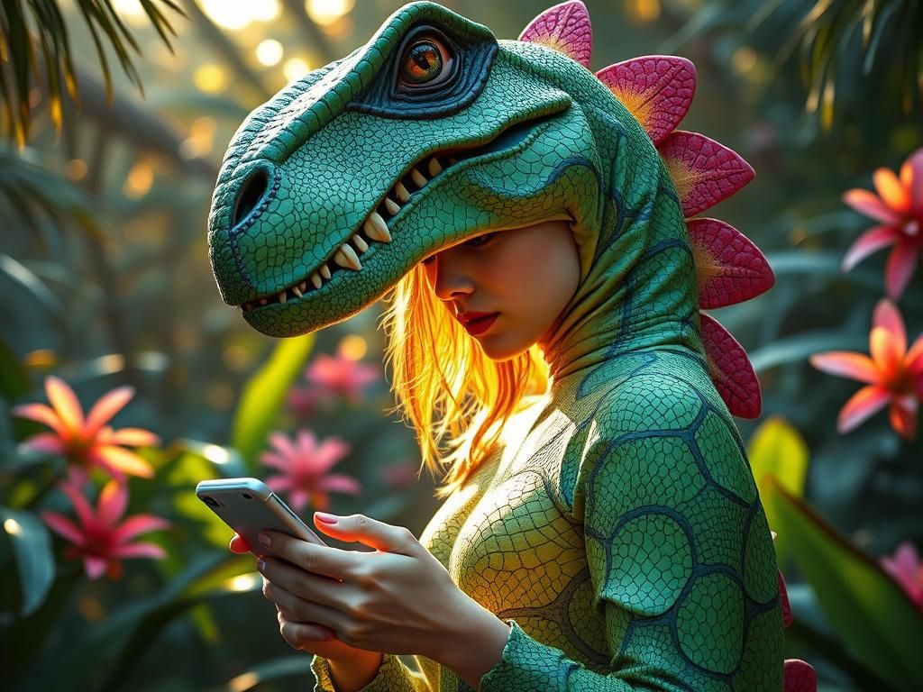 Woman in Dinosaur Costume Gazing at Cellphone