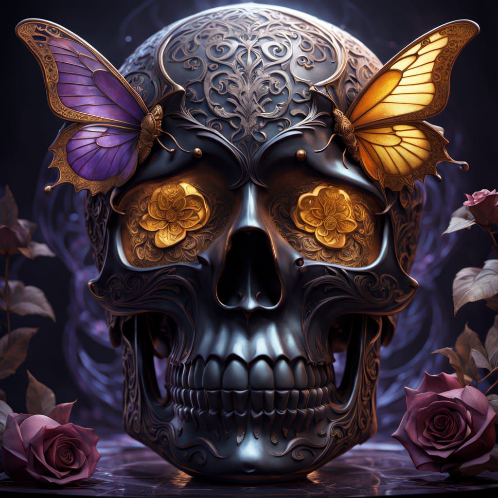 Gothic Crystal Skull with Butterfly and Black Rose
