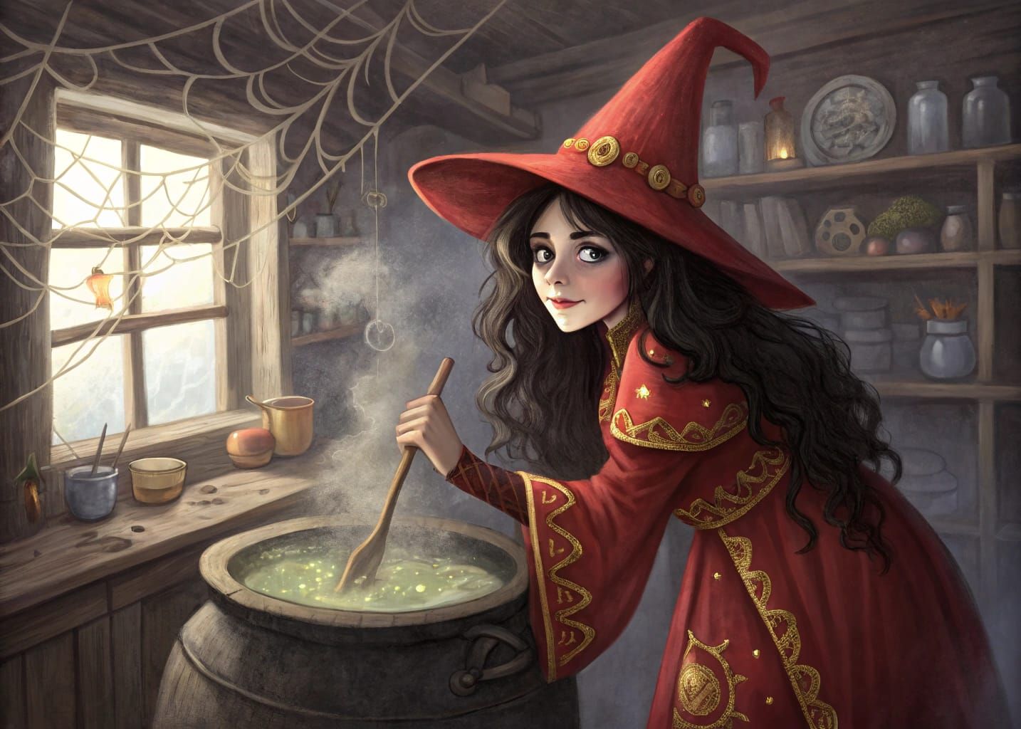 Medieval Witch in Rustic Kitchen Brews Mystical Potion