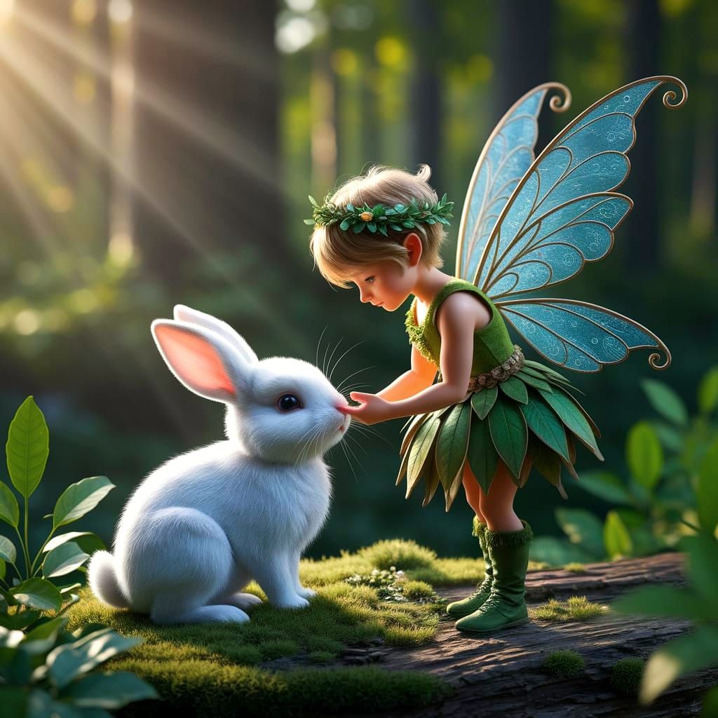Woodland Fairy Tenders to His Furry Friend in Morning Light