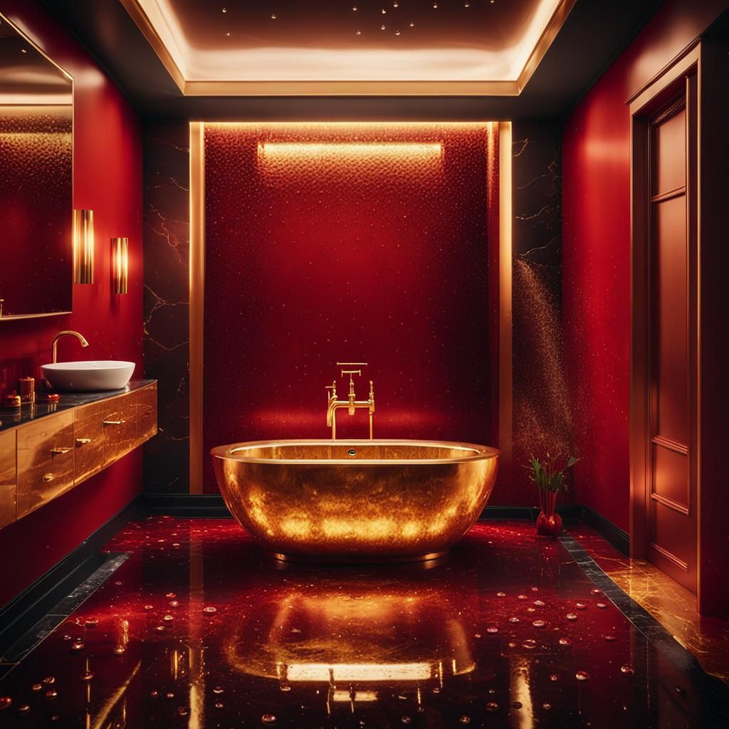 Luxury Bathroom with Red and Gold Hues