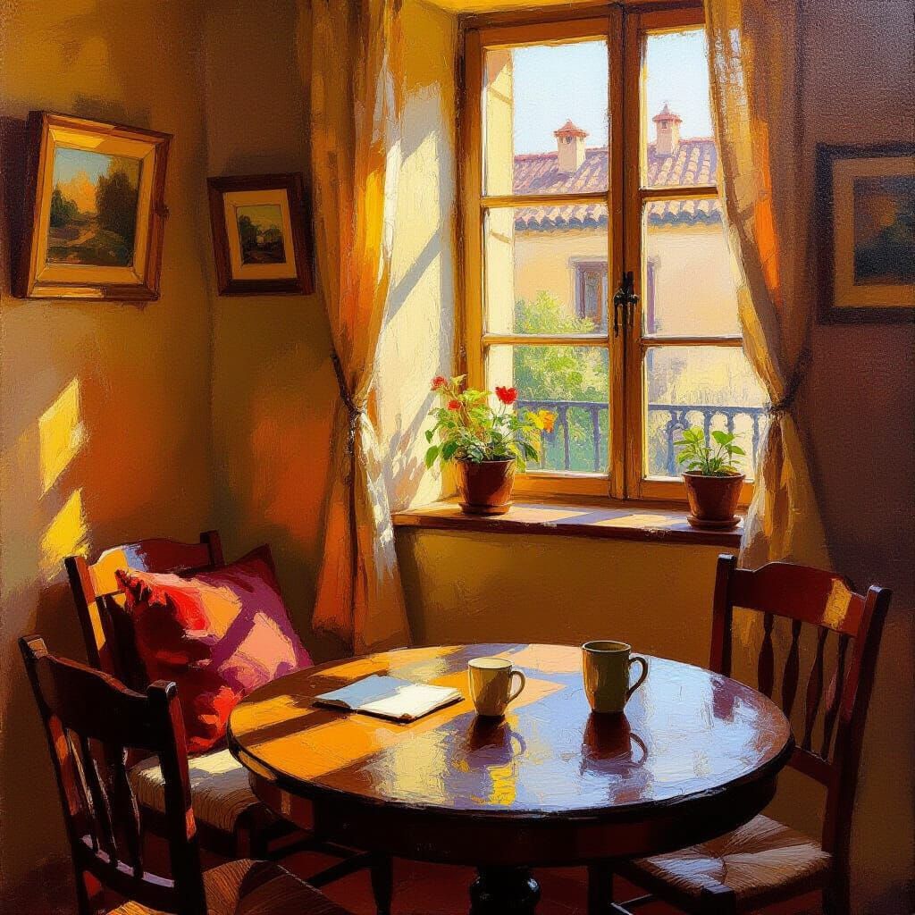 Warm Interior Scene in Impasto Oil Painting Style