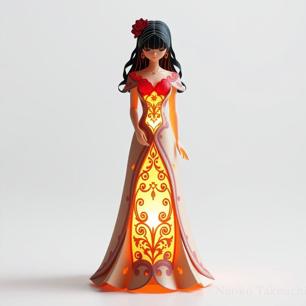 Delicate illuminated kirigami Peony hourglass figure Gothic dress Naoko Takeuchi