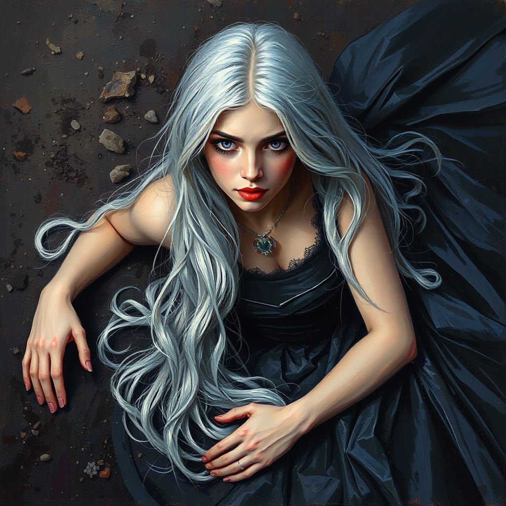 Tragic Princess in Black Gown, Neo-Impressionist Oil Paintin...