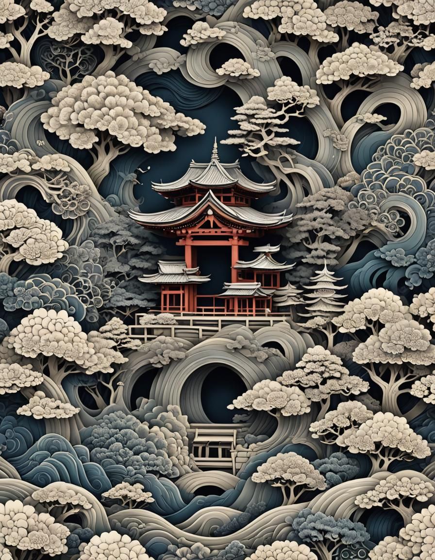 Abstract Vector Japanese Torii Shrine with Fractal Design