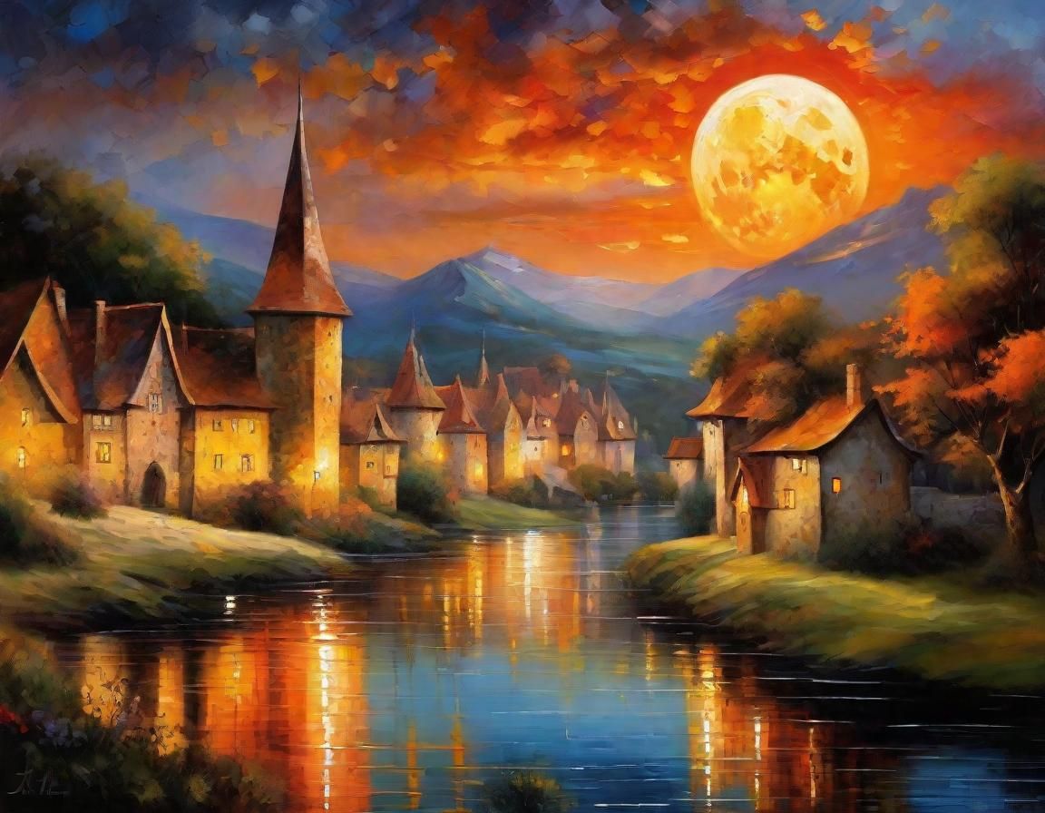 Fantasy Lake Village Under Moonlit Sky as Oil Painting