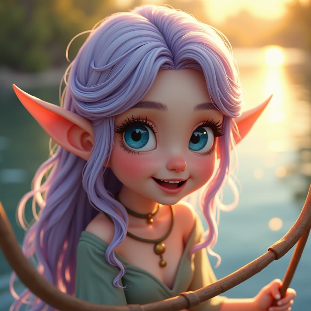 Happy Elf Maiden with Bow in Golden Light