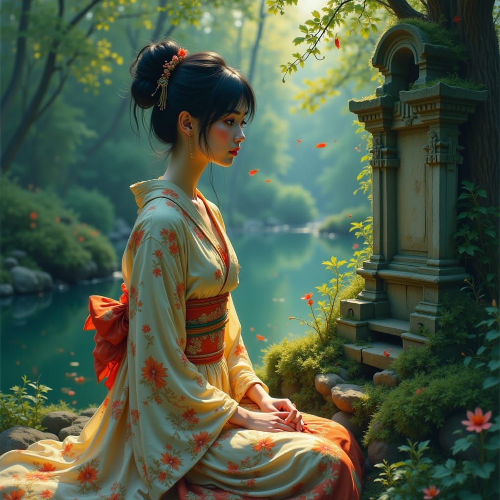Serene Forest Scene with Japanese Woman in Ornate Kimono