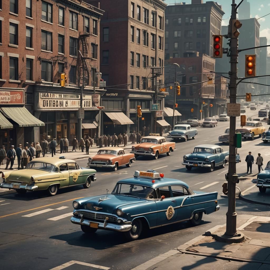 American Policeman Directing Traffic: 1950s Matte Painting