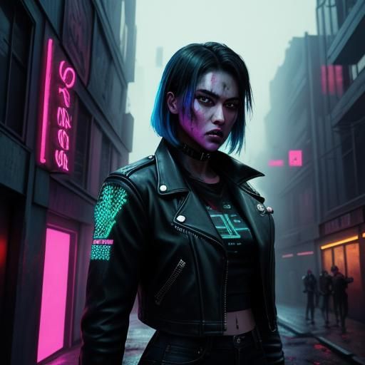Neon Zombie Hunter in Dystopian Cityscape