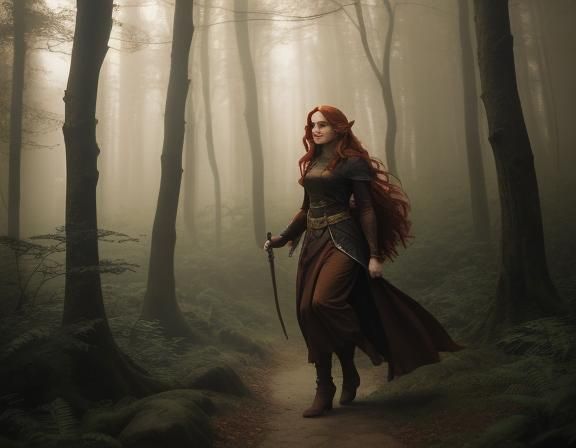 Voluptuous Elf in Misty Forest, Pre-Raphaelite Style