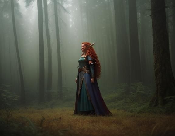 Curvaceous Elf in Misty Forest: Cinematic Film Still