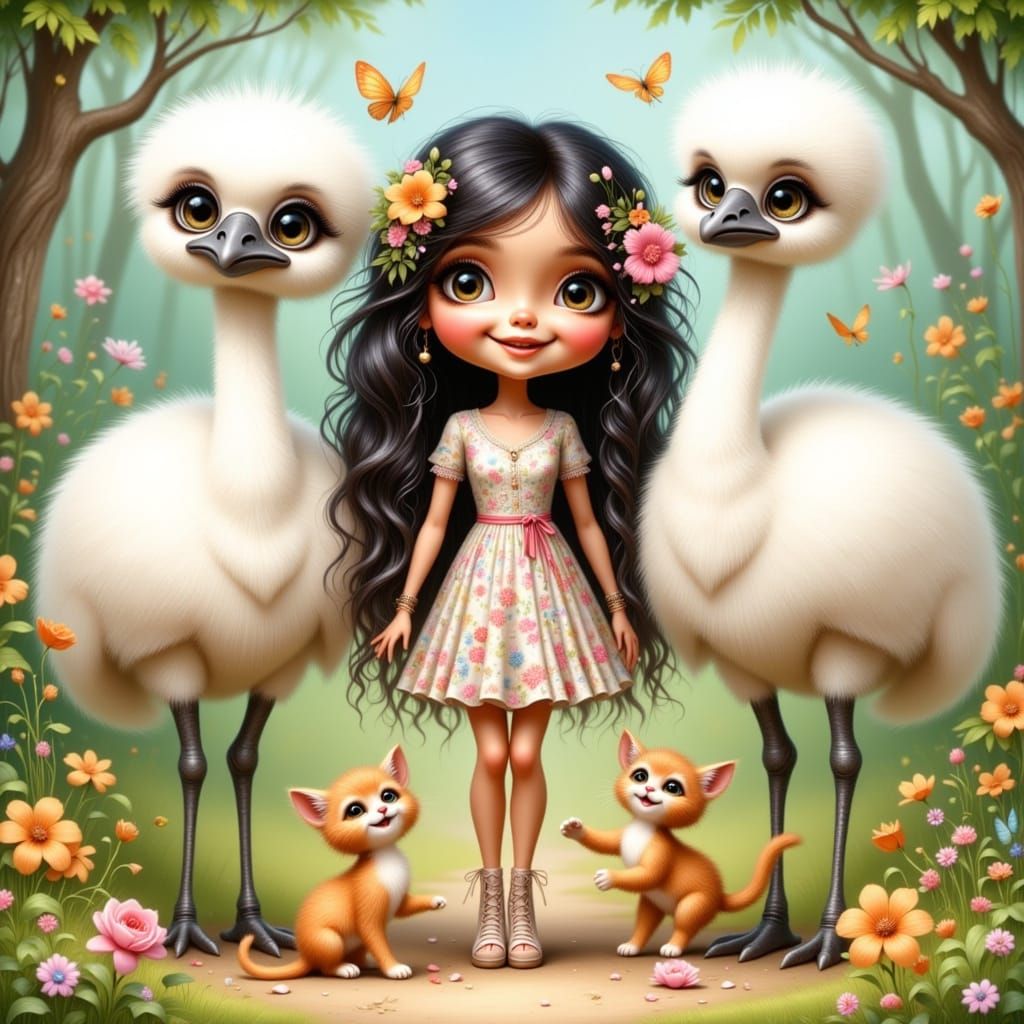 Whimsical Woman With Emus and Kittens in Cartoon Style
