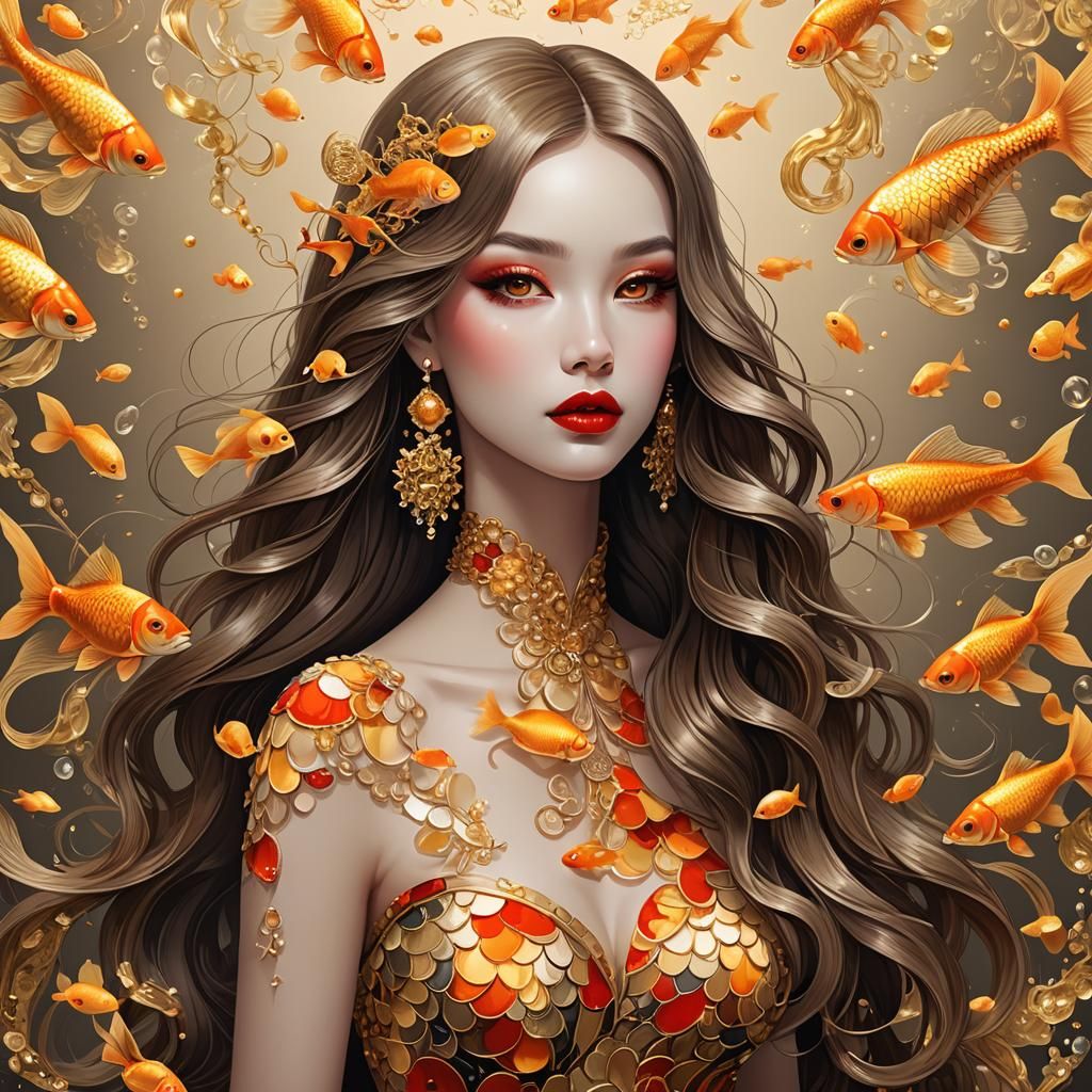 Crystal Girl Surrounded by Goldfish in Zentangle Style